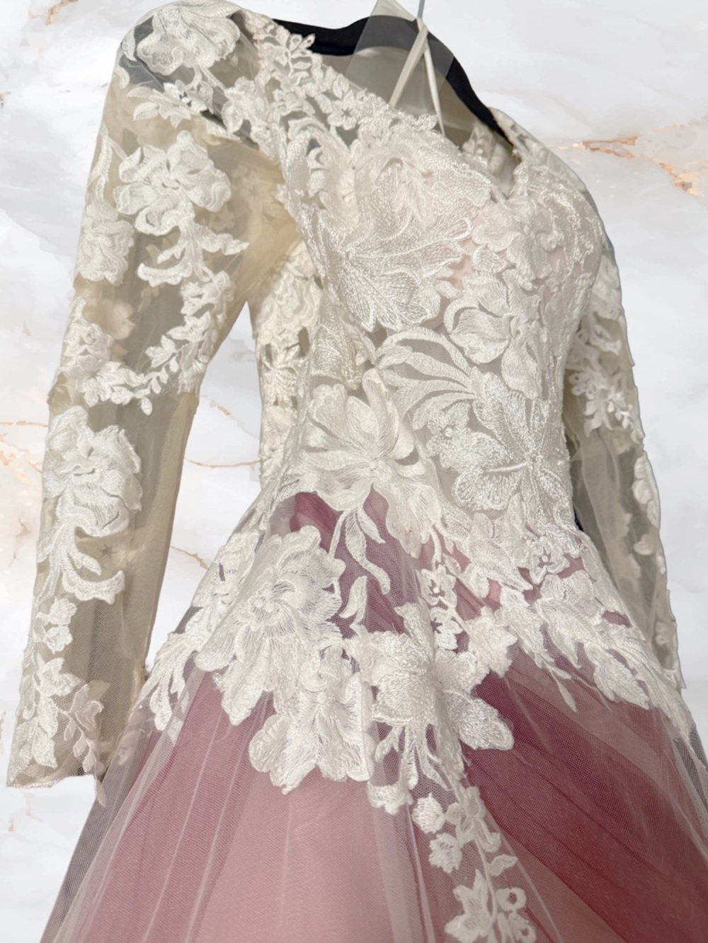 Justin Alexander Lace Pattern Long Dress With Pink/Bugundy Underlay & Ivory(TRR) - Picture 6 of 15